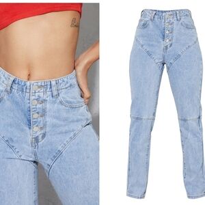 PrettyLittleThing Vintage Wash Button Fly Slim Fit High Rise Denim Jeans NEW